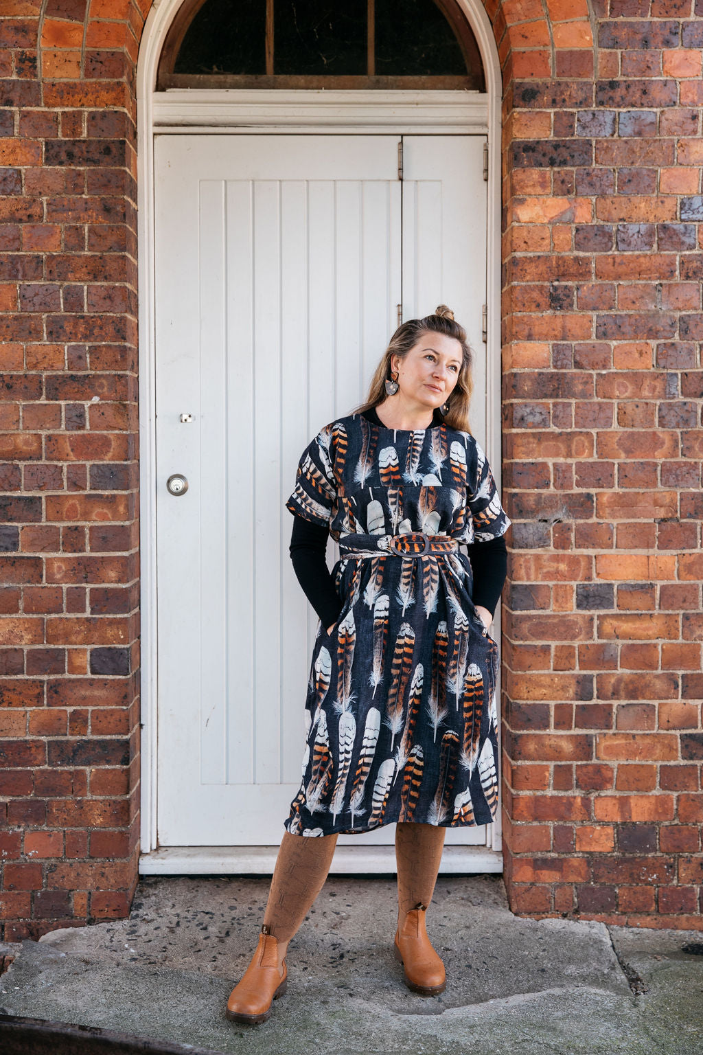 Kookaburra Feather Cocoon Dress - Hessian Pony Dress The Spotted Quoll 