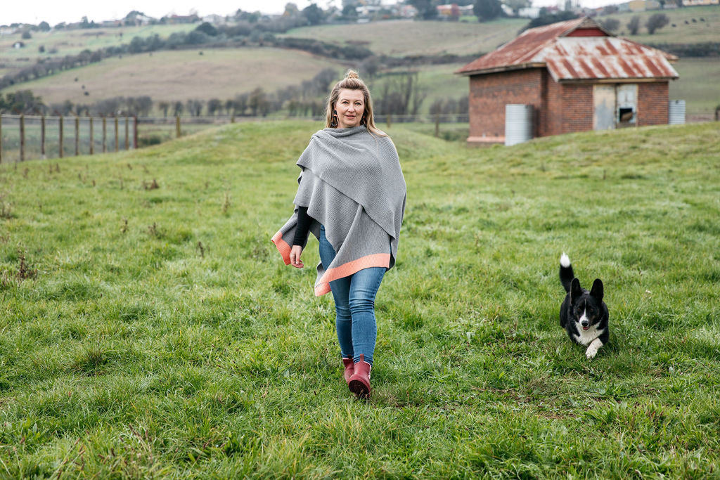 Organic Cotton Ribbed Knit Wrap/Poncho - Colour poncho The Spotted Quoll One Size Grey & Peach 