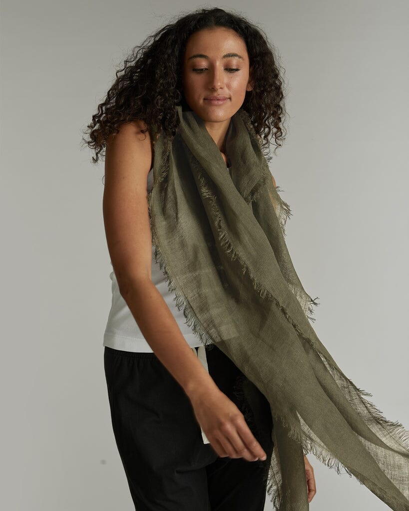 Fringed Linen Scarf - Cloth + Co Scarf Cloth & Co Darkest Olive 