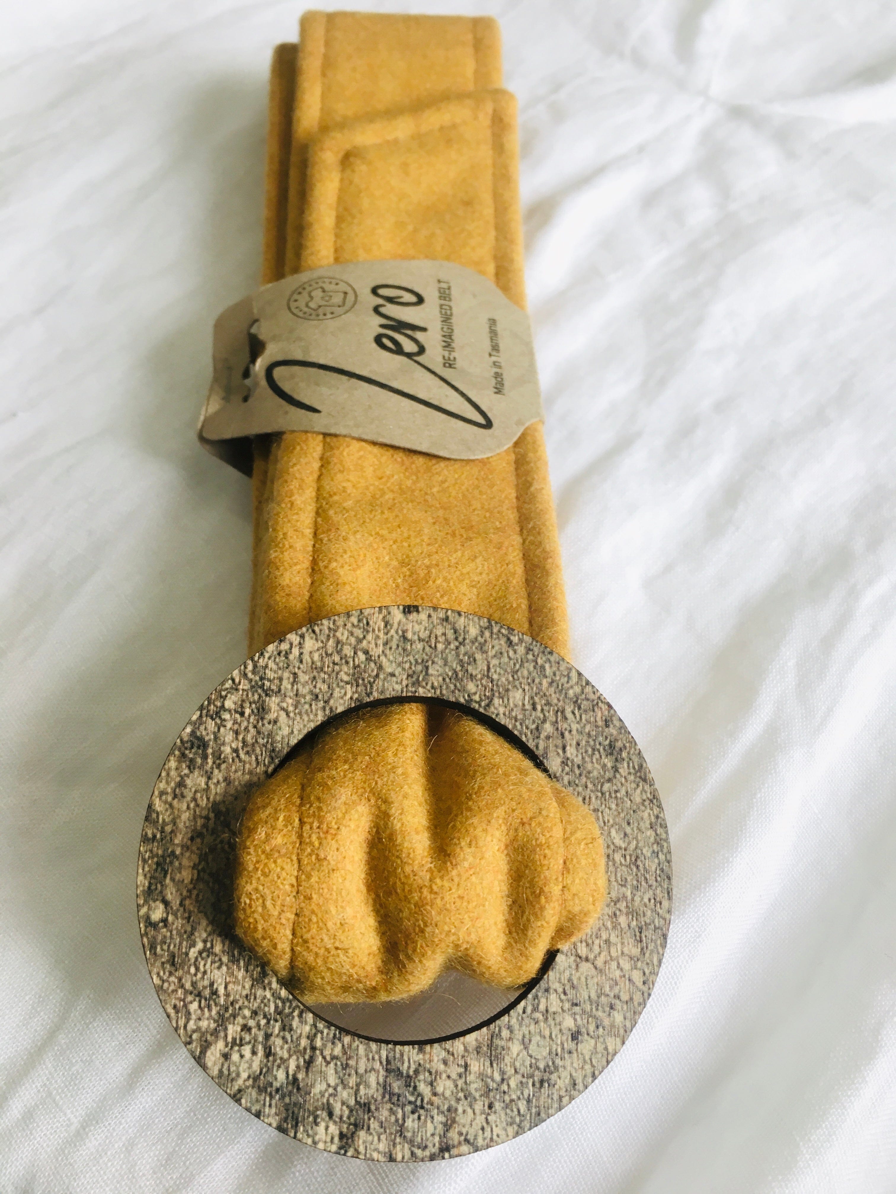 Tasmanian Oak Belts - Organic Wool Belt Buckles The Spotted Quoll Mustard Printed Tas Oak L