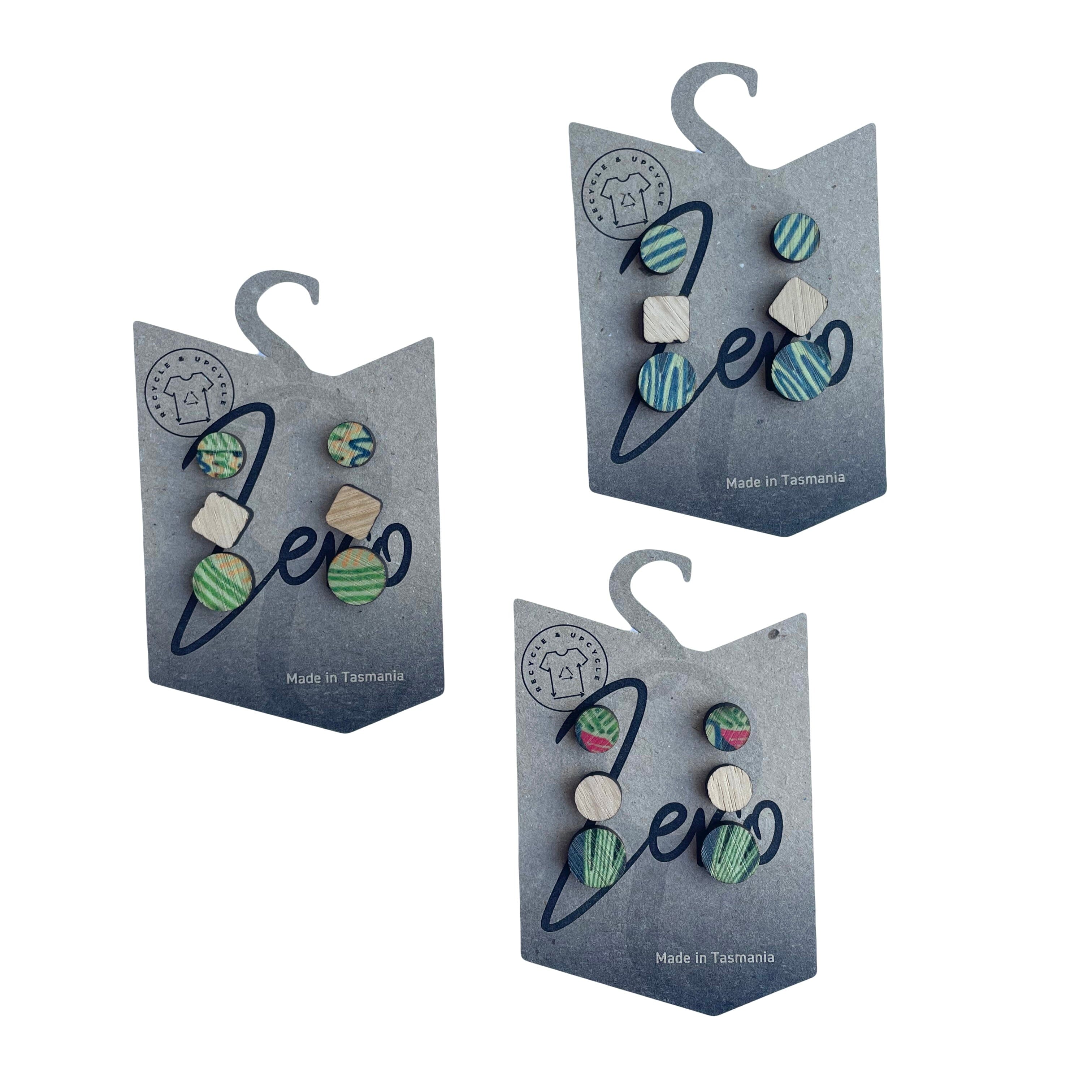 Stud Trio Pack - Zero Waste Australian Timber Earrings The Spotted Quoll Eastern Rosella 