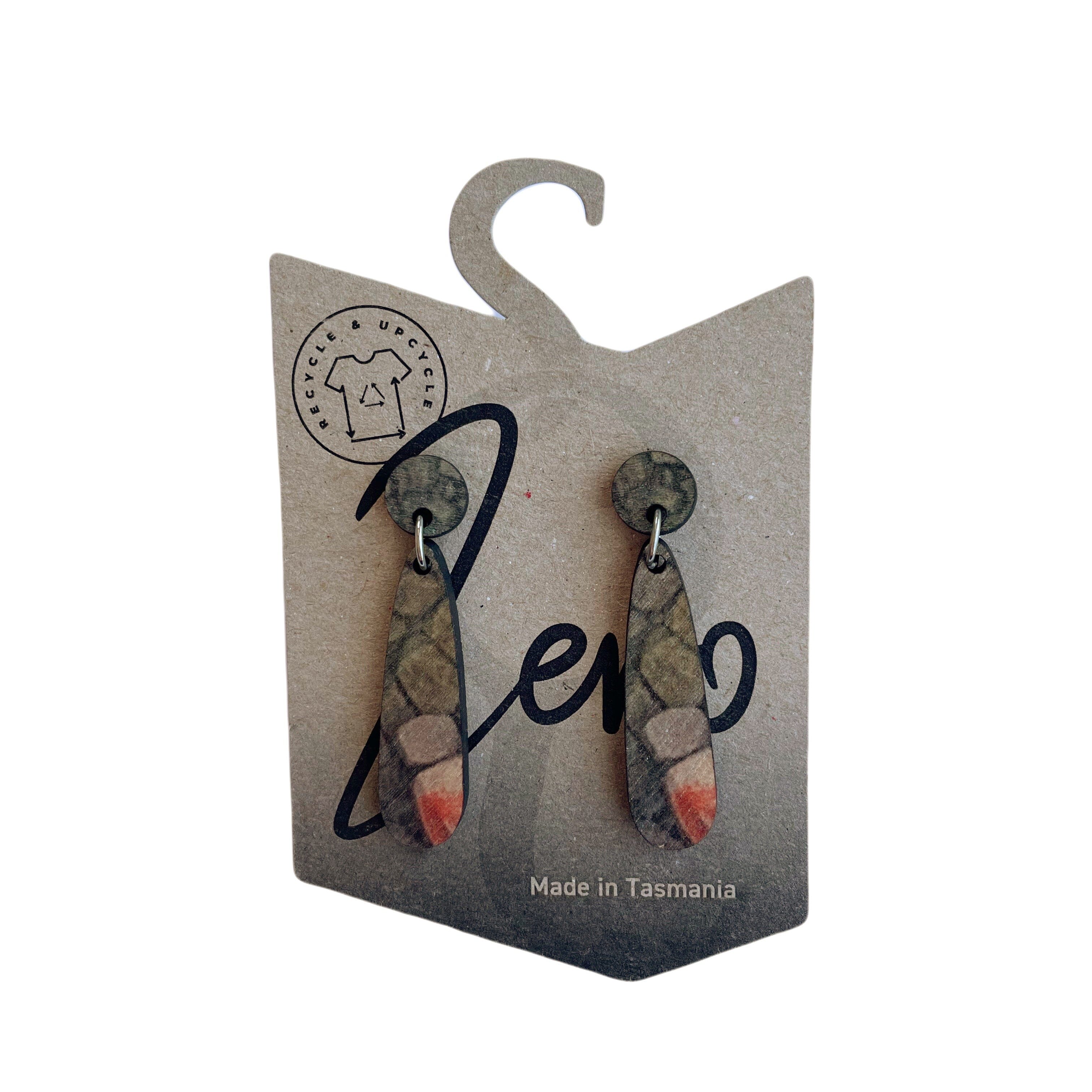 Small Earrings - Zero Waste Australian Timber Earrings The Spotted Quoll Small Teardrop Aerial Bay of Fires 