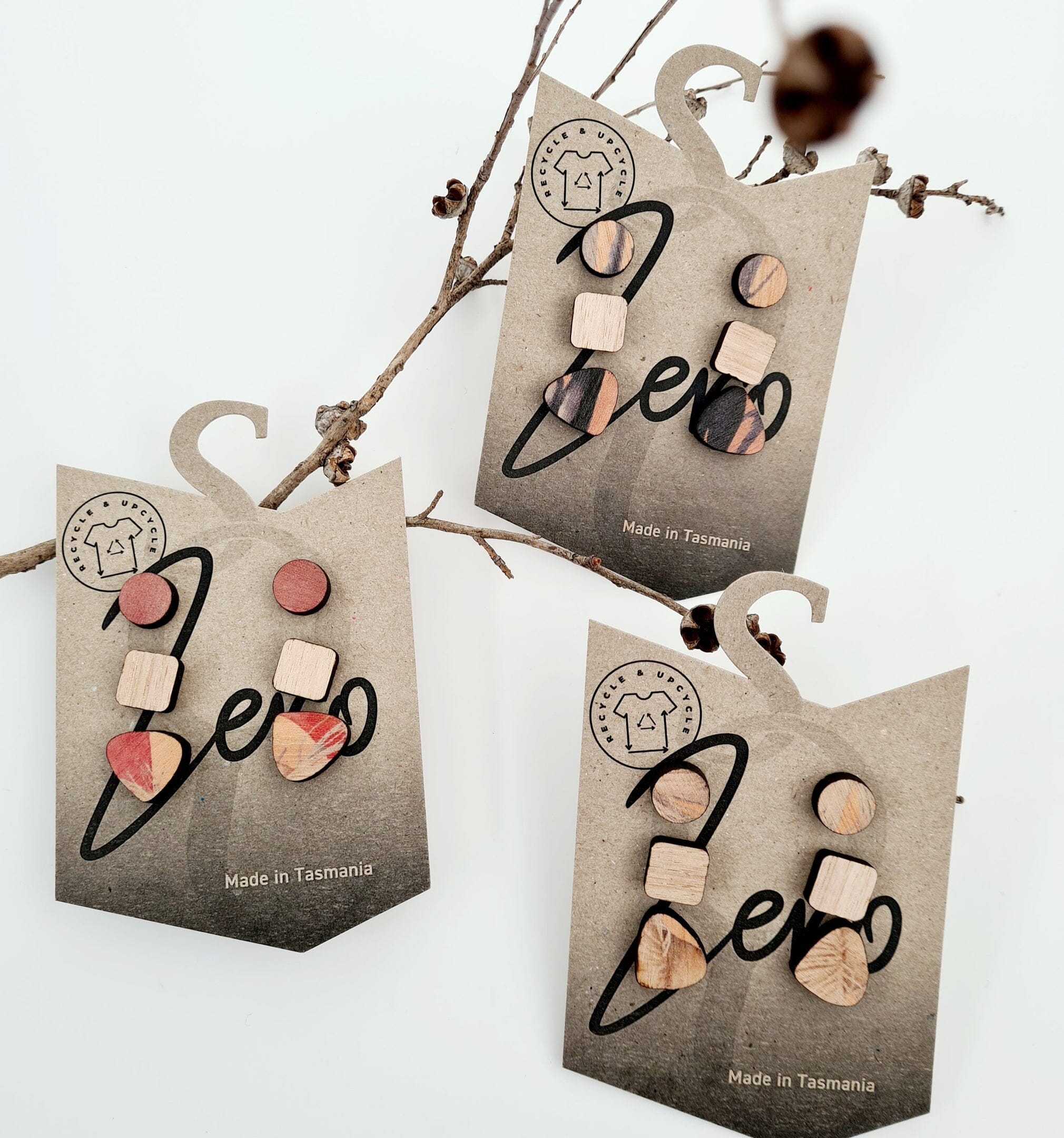 Stud Trio Pack - Zero Waste Australian Timber Earrings The Spotted Quoll Flowering Galah 