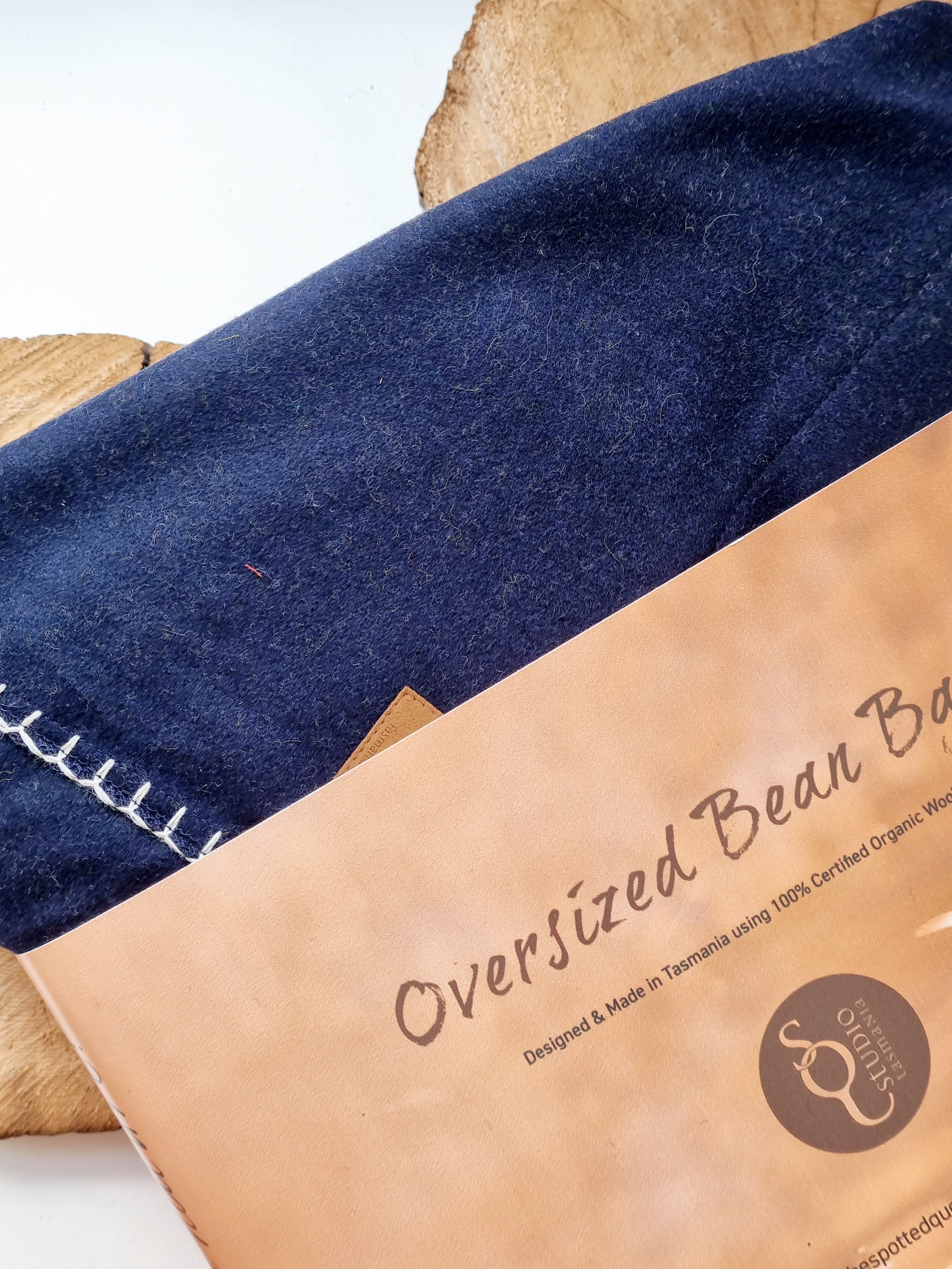 Organic Wool Felt Bean Chair Bean bags The Spotted Quoll Studio Indigo & Natural stitch 